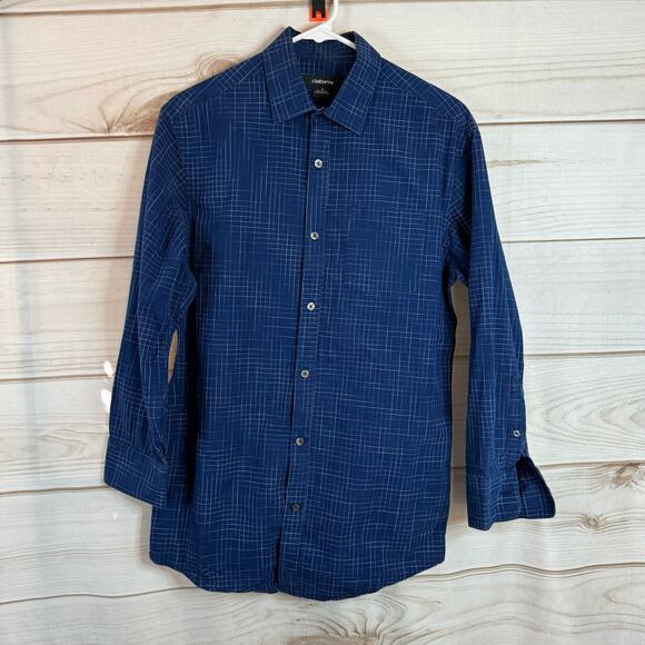 Claiborne Blue & White Houndstooth Long Sleeve Button Up Size Small - Picture 1 of 6